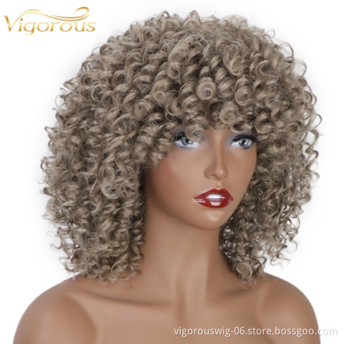 Vigorous Afro Kinky Curly Top Quality Cheap Colorful Fiber With Bangs For Black Women Premium Short Bob Synthetic Wig